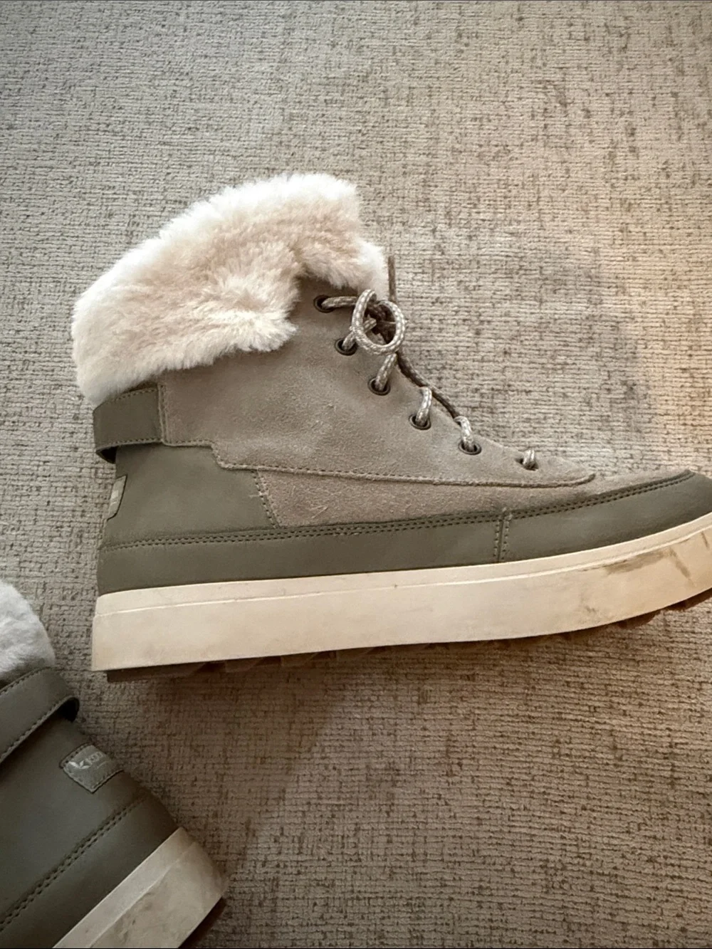 UGG Taupe Suede Lace-Up Winter Boots with Cream Faux Fur Cuff